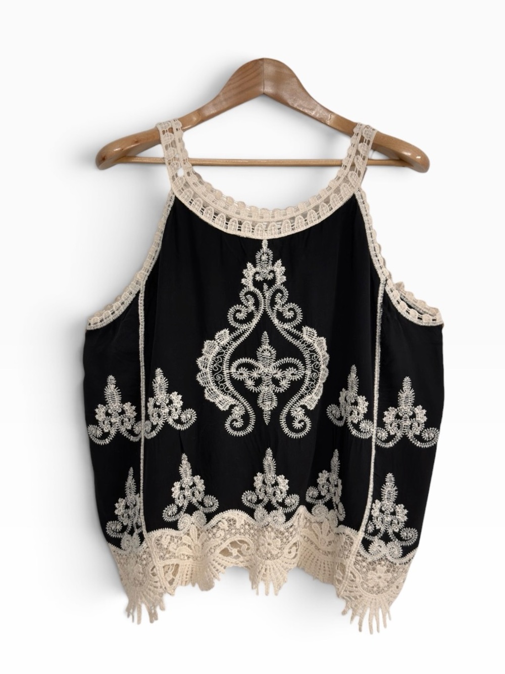 Ultra Pink Black Embroidered Crochet Lace Hem Sleeveless Boho Tank Top Large